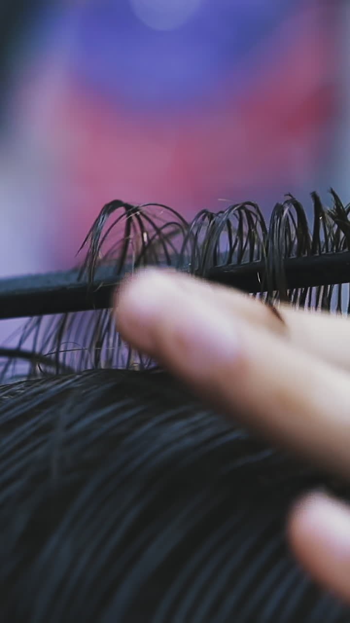 CU, slow motion: young barber does stylish haircut to client with black hair using scissors and comb in modern brightly lit beauty salon close view