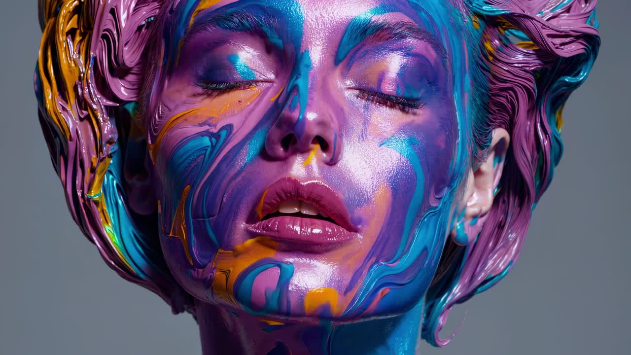 Artistic portrait of a model featuring vibrant, swirling, colorful abstract makeup on a neutral background, creating a visually striking and surreal effect