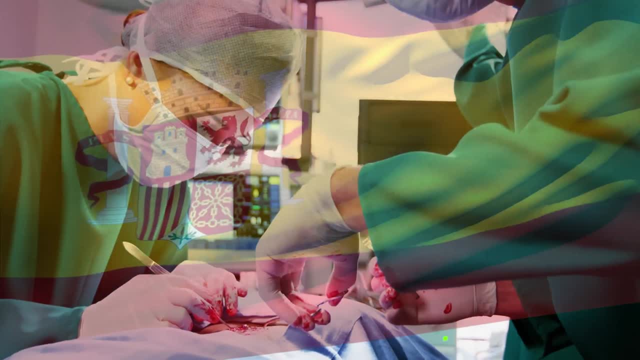 수술실에서 외과 의사 들 위 에 스페인 국기 가 흔들리는 애니메이션