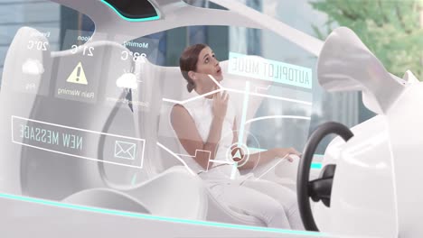 mujer en coche con interiores blancos en modo piloto automático conduciendo a través de la ciudad