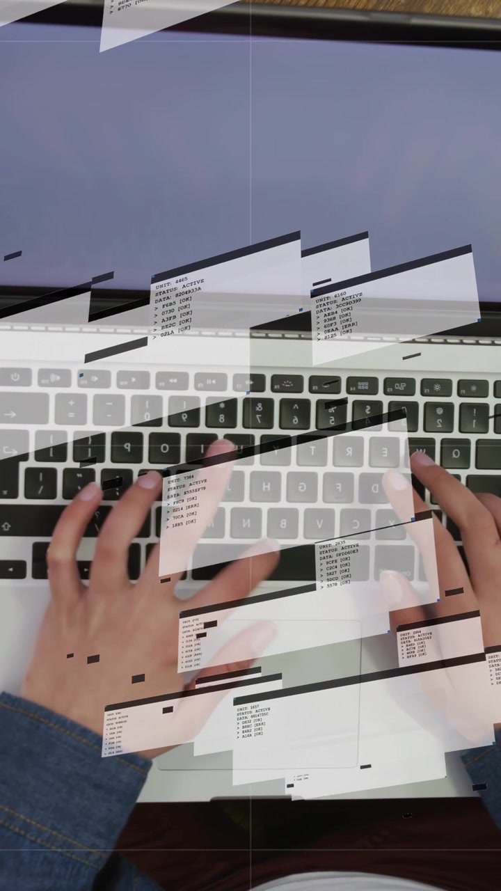 Vertical video: Woman moving from rest into typing, sending layered textboxes across keys for tech