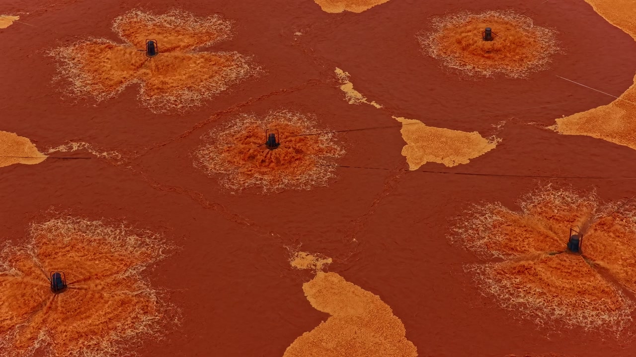 Aerial establishing dolly overview of circular wastewater ponds near factory site, filtering orange toxic foam
