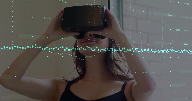 Animation of financial data processing over caucasian woman using vr headset