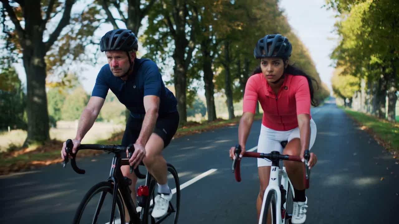 La caméra suit deux cyclistes pédalant côte à côte sur une allée bordée d'arbres, s'entraînant en maillots.