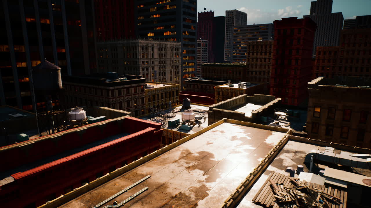 Urban view from the rooftop overlooking busy city streets in bright sunlight