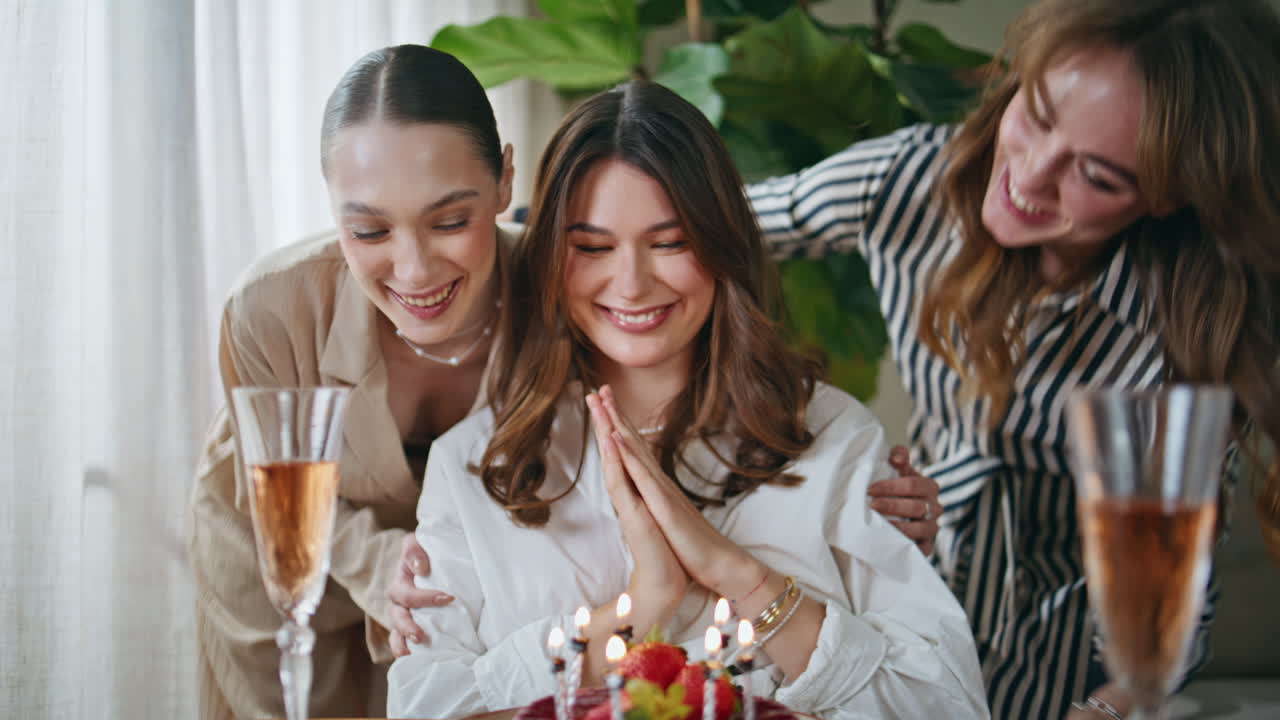 Friends making birthday surprise to smiling bestie at home closeup. Happy women
