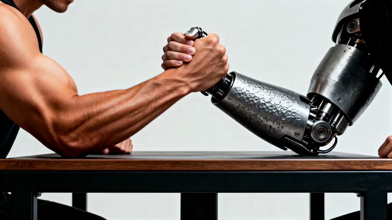 Grip locking, human and robotic forearms testing strength at studio wooden table in black tank top
