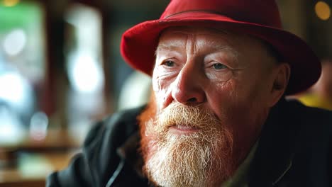 portrait of a senior man with a long white and red beard, wearing a red hat, relaxing with closed eyes in a warm, cozy atmosphere, embodying tranquility and wisdom