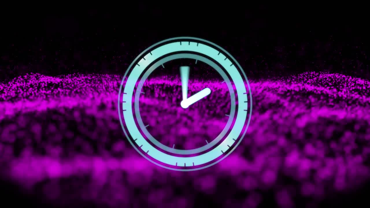 Digital animation of neon digital clock ticking against purple digital waves on black background