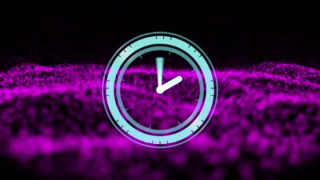Digitale-Animation-Einer-Neonfarbenen-Digitaluhr,-Die-Vor-Violetten-Digitalen-Wellen-Auf-Schwarzem-Hintergrund-Tickt