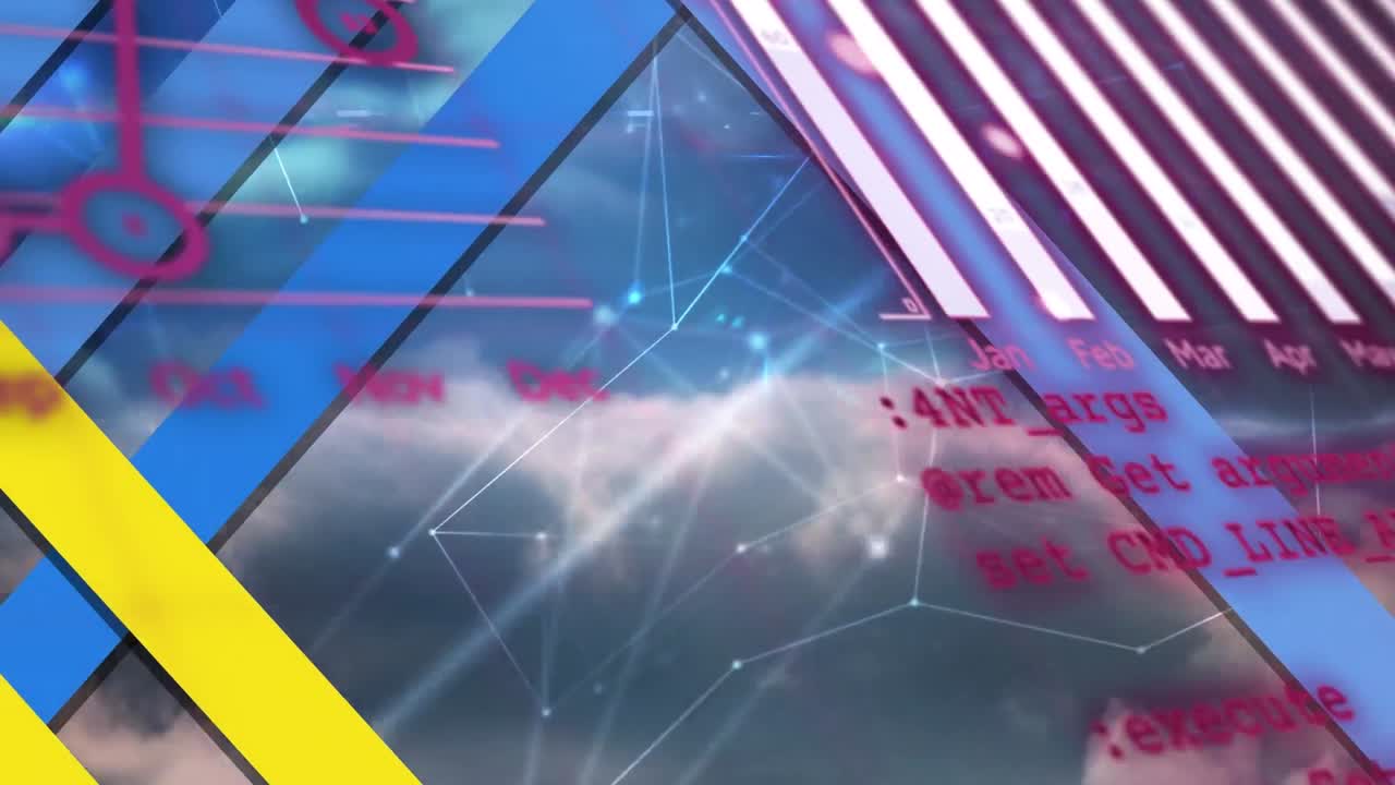 연결, 그래프, 데이터 처리 및 클라우드에 대한 파란색 및 노란색 선의 애니메이션