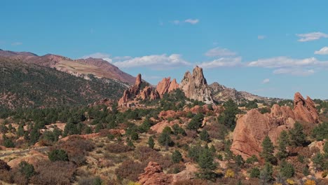 drone parallax around sheets of large red sandstone sticking up from ground in garden of the gods colorado