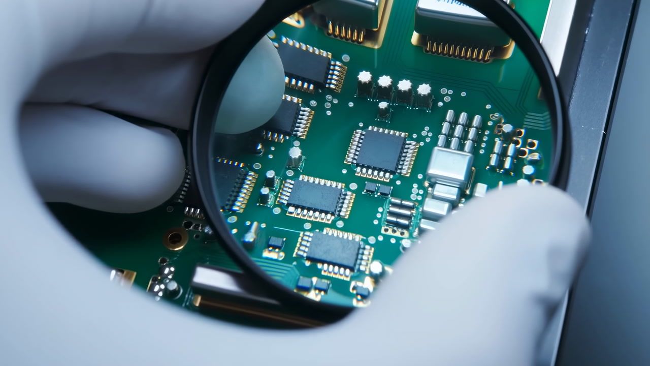 Gloved Hand Holding Magnifying Glass Inspecting Circuit Board Components Under Cool Blue Light, Technician