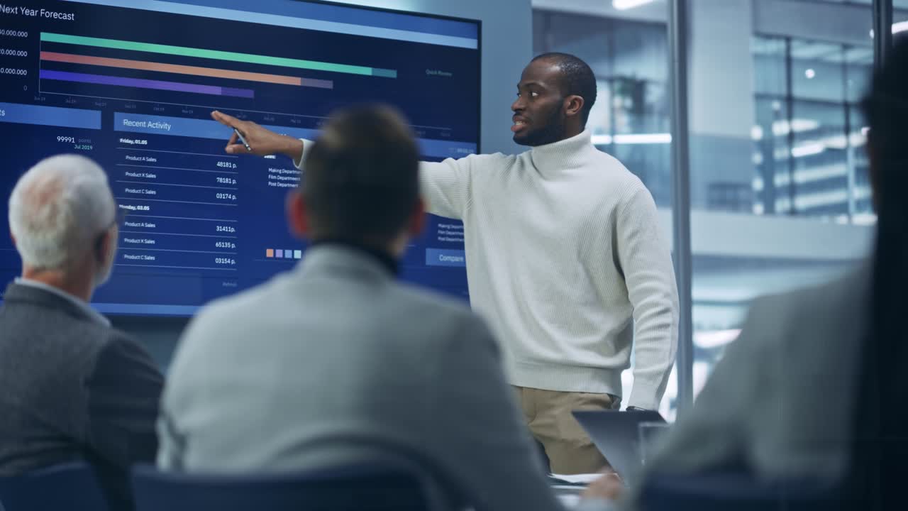 Diverse Modern Office: Portrait of Successful Black Businessman Uses TV Screen with Big Data, Statistics, Talks about Company Growth. Creative Digital Entrepreneurs Work on e-Commerce Project
