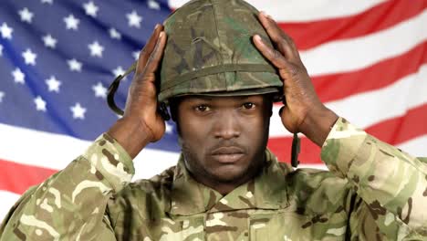 animation of red moving circles over soldier wearing helmet and american flag