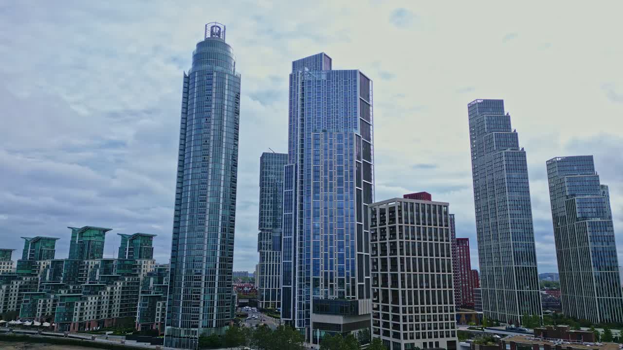 St. George Wharf Tower, London, England. Aerial drone descending
