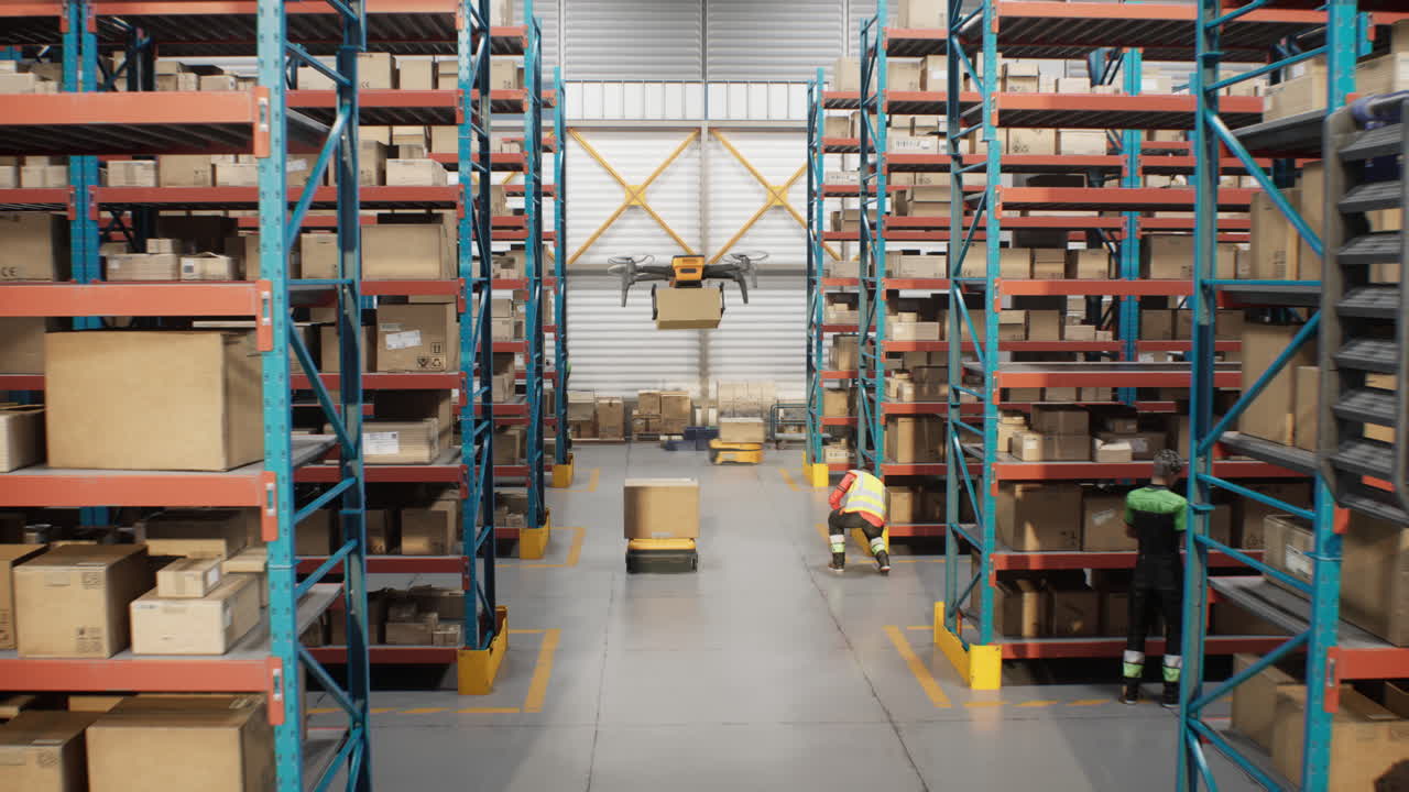 almacén automatizado con drones y robots