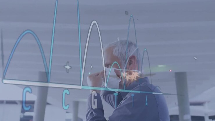 Animation of data processing over caucasian man with face mask