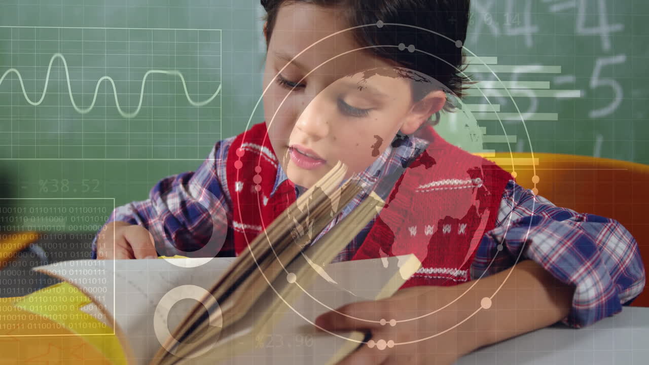 Child reading book with data processing animation over classroom background