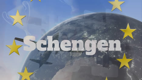 animación del globo terrestre y el texto de schengen sobre la bandera de la ue