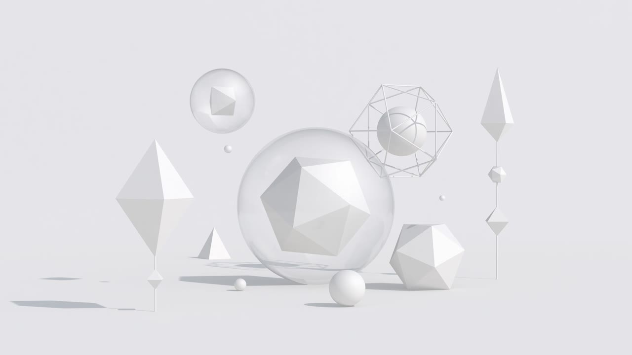 유리 구에 색 기하학적 모양, 모노크롬 추상 애니메이션, 3d 렌더링