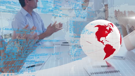 animation of globe with data processing over business meeting in background