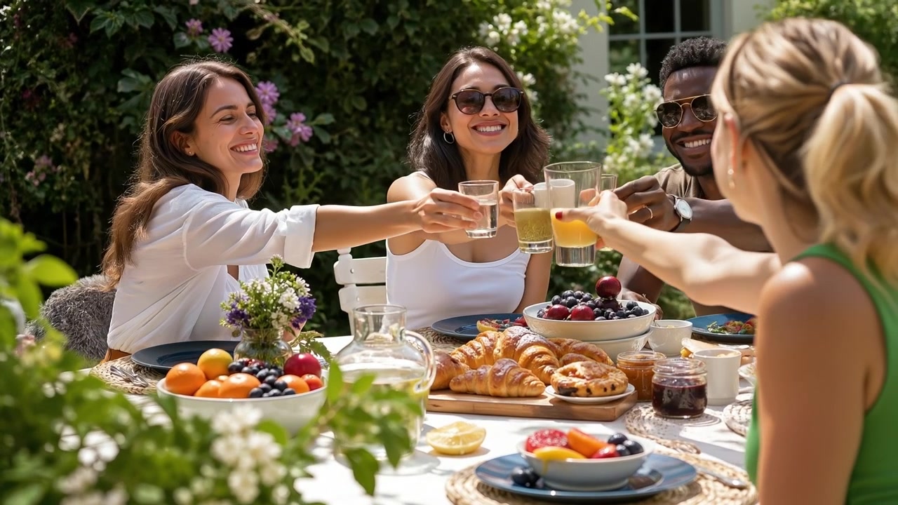Gruppo di amici felici e diversi che si godono una colazione all'aperto insieme in un giardino soleggiato.