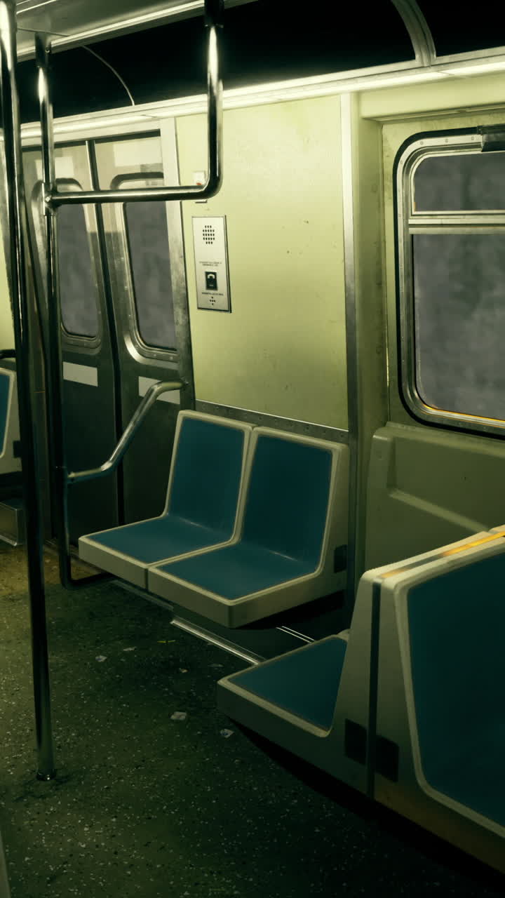 Empty subway car interior in late night urban transit setting