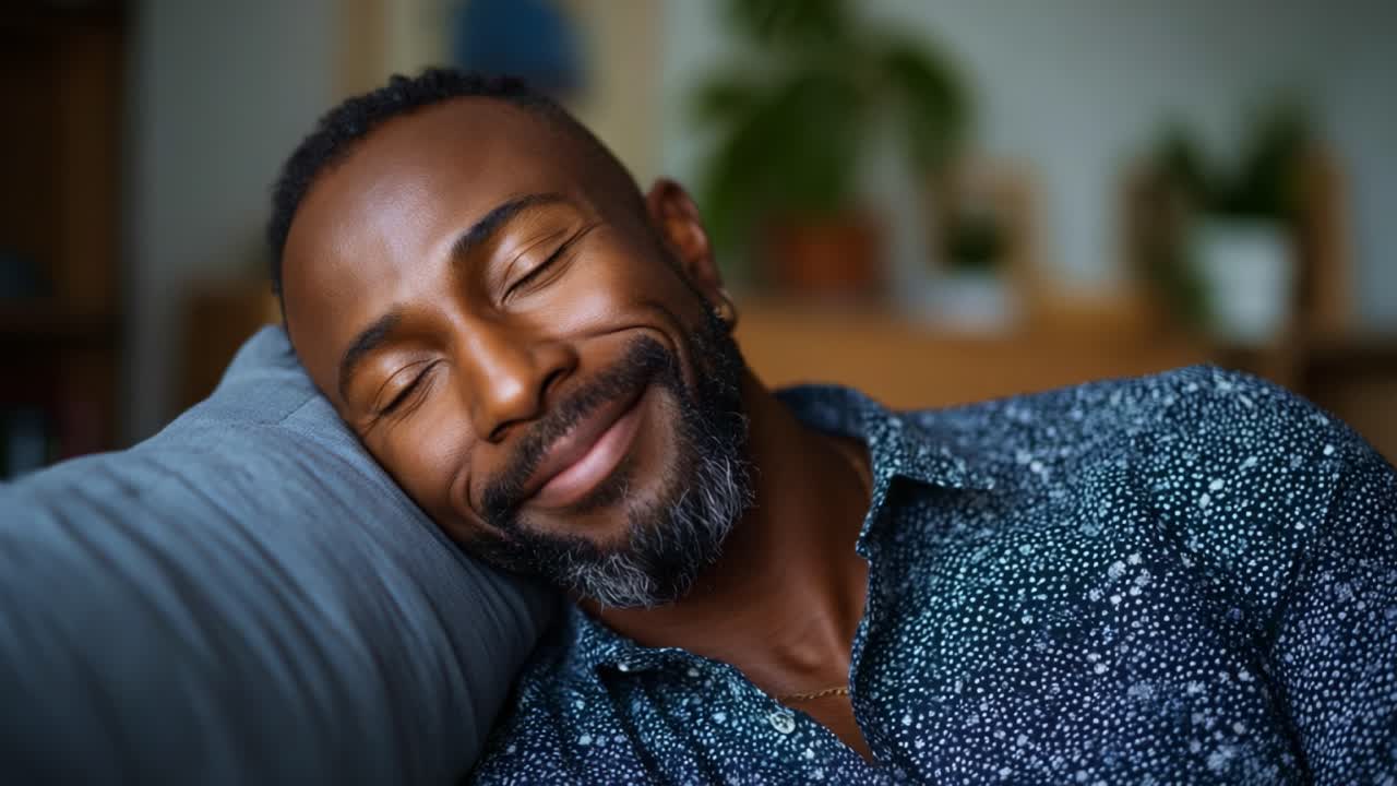 En mann som slapper fredelig av på en sofa, uttrykker ro og glede mens han nyter et øyeblikk med hvile med et smil og lukkede øyne, omgitt av en koselig atmosfære