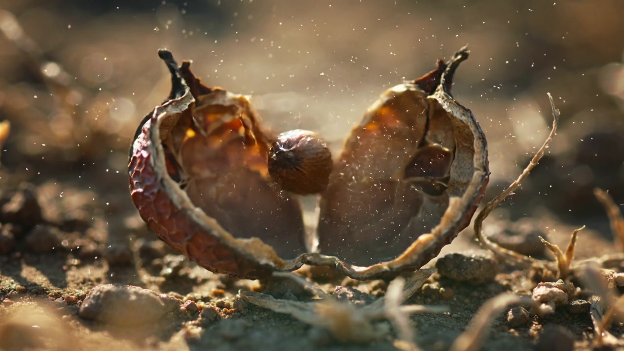 Warm sun flexing dry seed pod releasing single ovoid seed upward ground-level, for seed dispersal