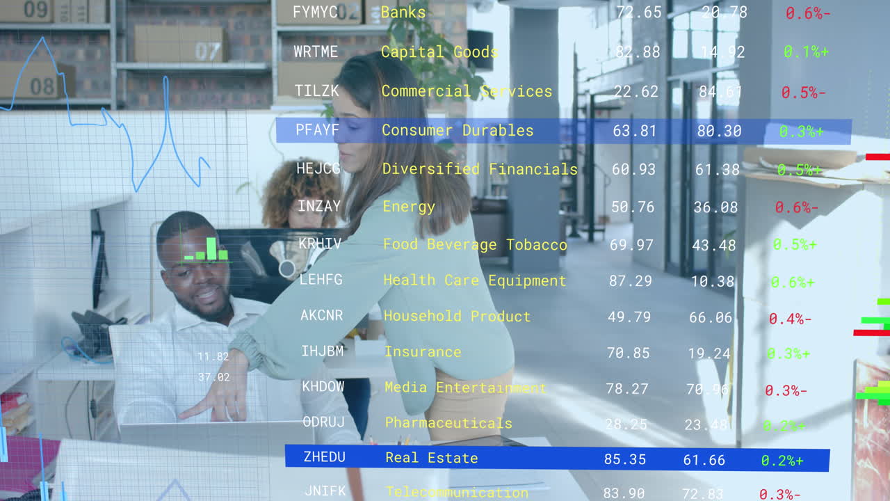 Data processing on interface over diverse colleagues discussing at computer in casual office