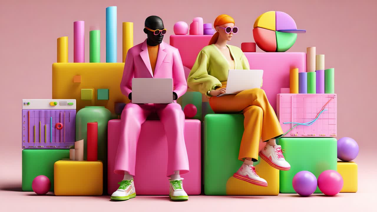 Engaging Duo in a Colorful Workspace: Two Creatives Collaborating with Laptops Surrounded by Vibrant Geometric Shapes and Infographics in a Playful Setting