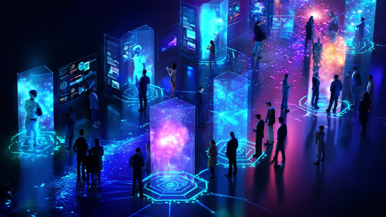 An immersive digital exhibition where visitors explore advanced holographic displays showcasing interactive content, blending technology and creativity in a vibrant, futuristic environment