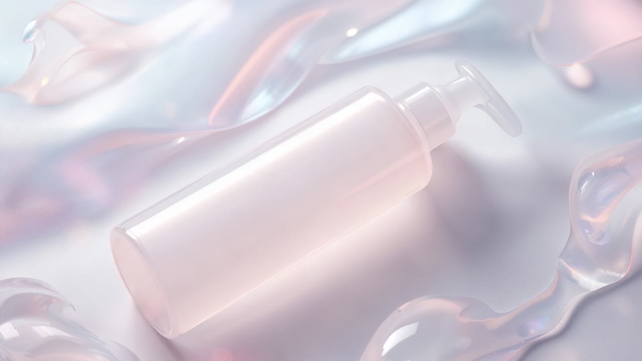 Lighting shifting revealing contours of translucent lotion pump bottle lying on iridescent fluid