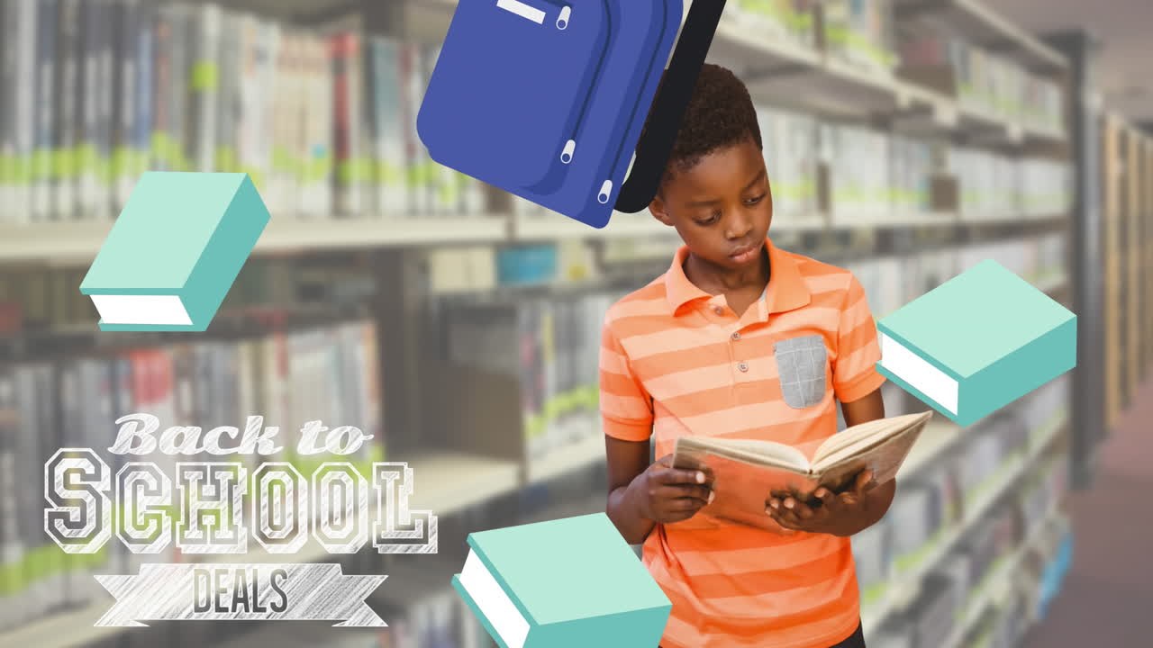 Animation of welcome back to school text and books falling over african american schoolboy with book