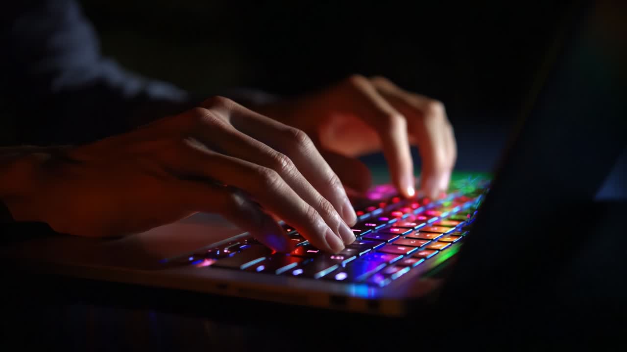 Captivating Close-Up of Hands Typing on a Colorful Backlit Keyboard at Night, Illuminating the Scene with Vibrant Colors, Showcasing the Art of Digital Interaction and Modern Technology in a Dark Environment
