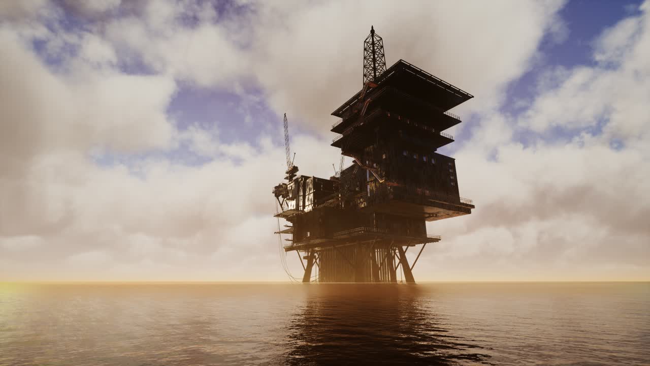 Offshore Jack Up Rig in The Middle of The Sea at Sunset Time