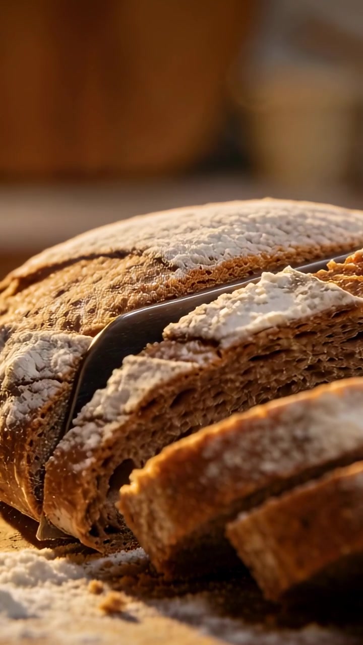 Vertical video: Pressing serrated bread knife cutting floured loaf on kitchen counter making slices