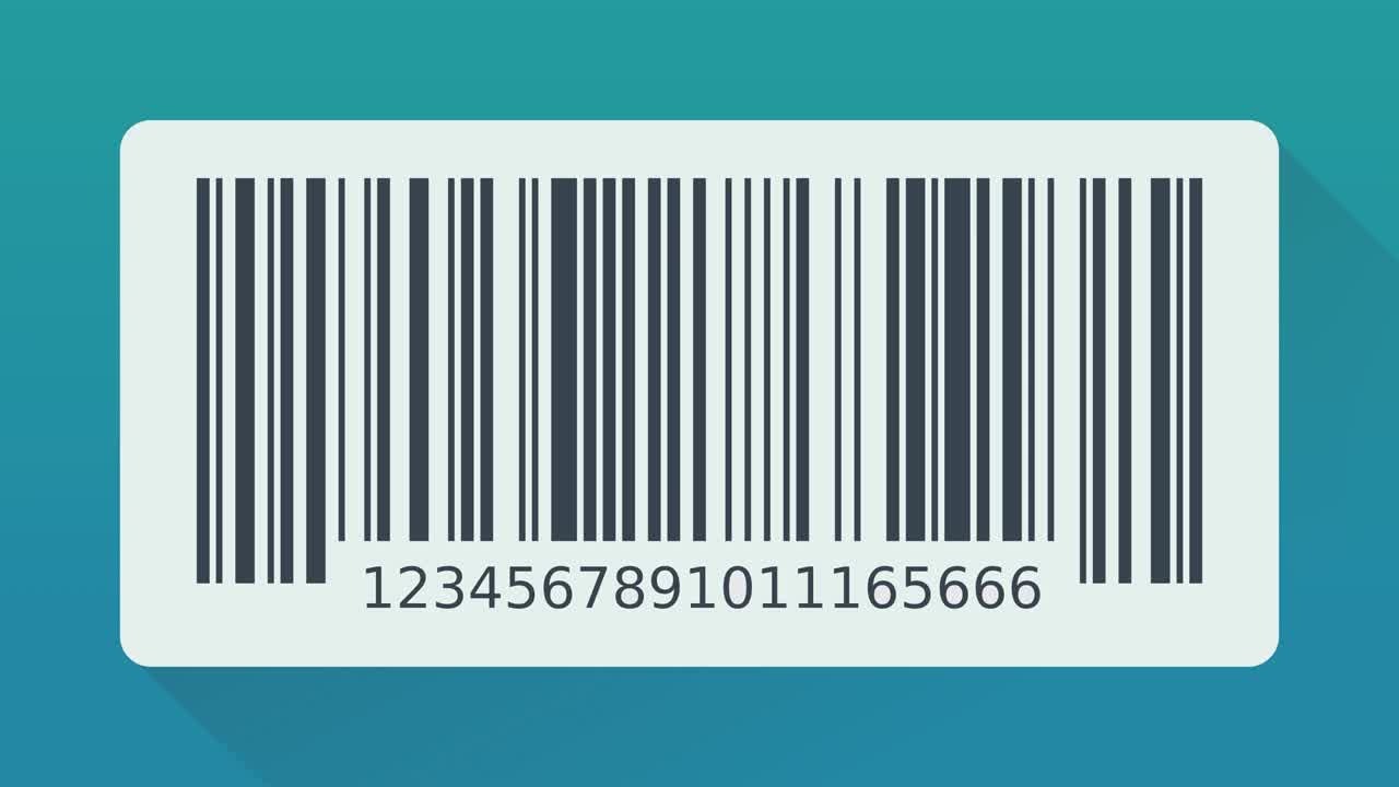 bucle de animación de un escaneo de una etiqueta de código de barras sobre un fondo azul con sombra (diseño plano)