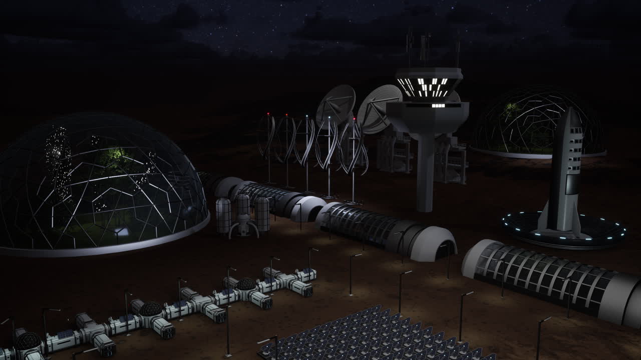 Steel spheres in futuristic Mars colony city using tech to grow plants