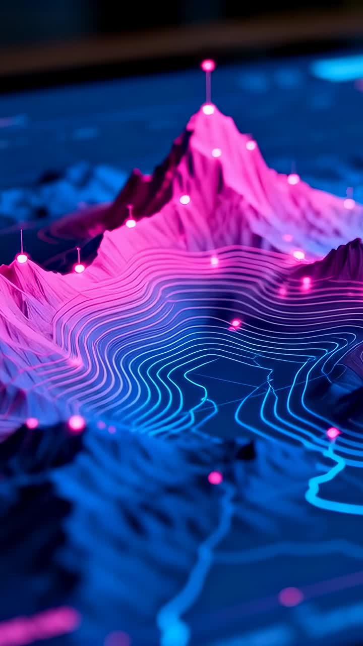 Vertical video: Frames driving 3D topo model zooming to lit pin peak on dark screen, nodes pulsing