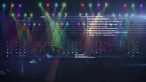 animación de siluetas de personas bailando con procesamiento de datos, reflectores y ecualizador de música gráfica