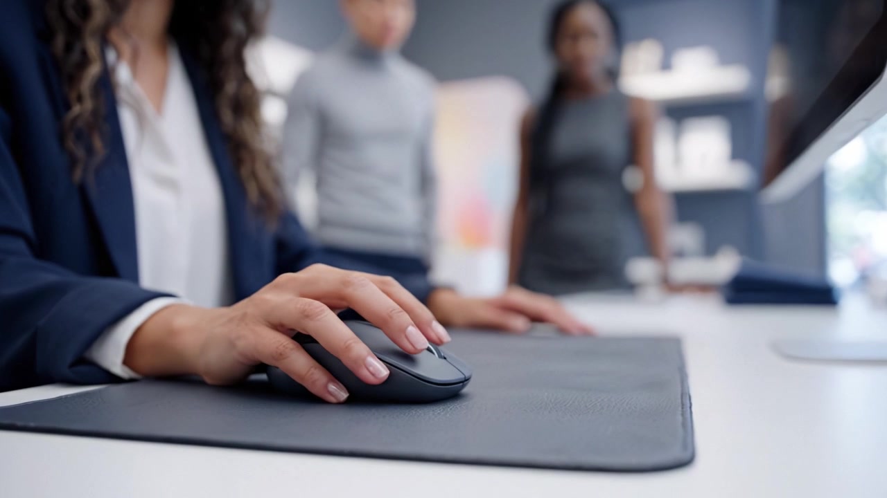 A professional setting showcasing a woman using a computer mouse while interacting with colleagues in a modern workspace, highlighting teamwork and technology.