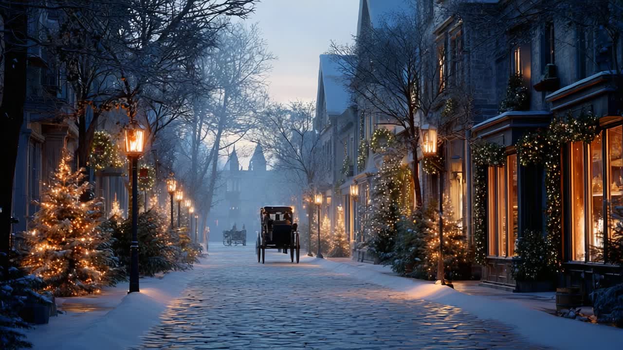 Enchanting Winter Evening in a Snow-Covered Village with Glowing Street Lamps, Twinkling Christmas Lights, and a Horse-Drawn Carriage Ambling Through a Festively Decorated Street