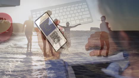 animation of diverse friends at beach over caucasian woman with smartphone