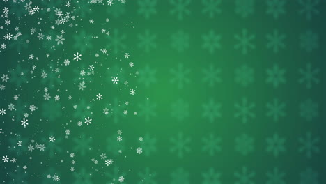 Animation-of-snowflakes-moving-on-snowflake-pattern-on-green-background