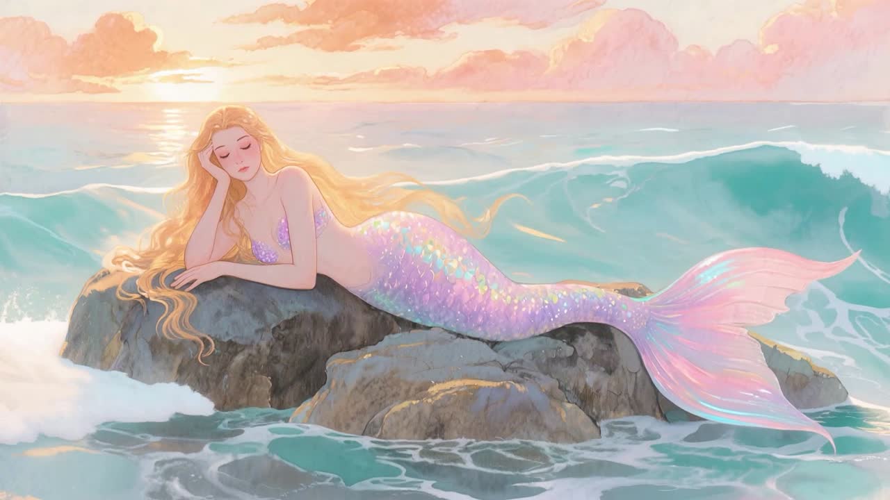 Mermaid resting on a rock in the sea