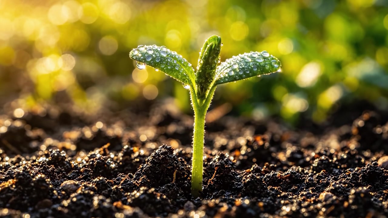 A resilient seedling emerges powerfully from rich dark soil, displaying fresh green leaves glistening in sunlight, symbolizing growth and new beginnings in nature's vibrant ecosystem.