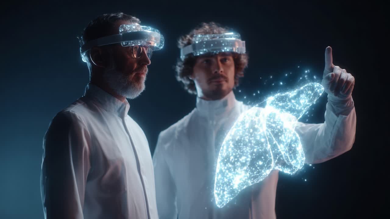 Two scientists employ advanced holographic technology to interact with a virtual representation of a human lung, showcasing the future of medical innovation and research