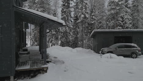 panning-closeup-view-of-cabin-retreat-in-snowcapped-pine-trees-in-mountain